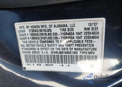 2008 Honda Odyssey Touring из США, поврежденный, VIN 5FNRL38818B021382